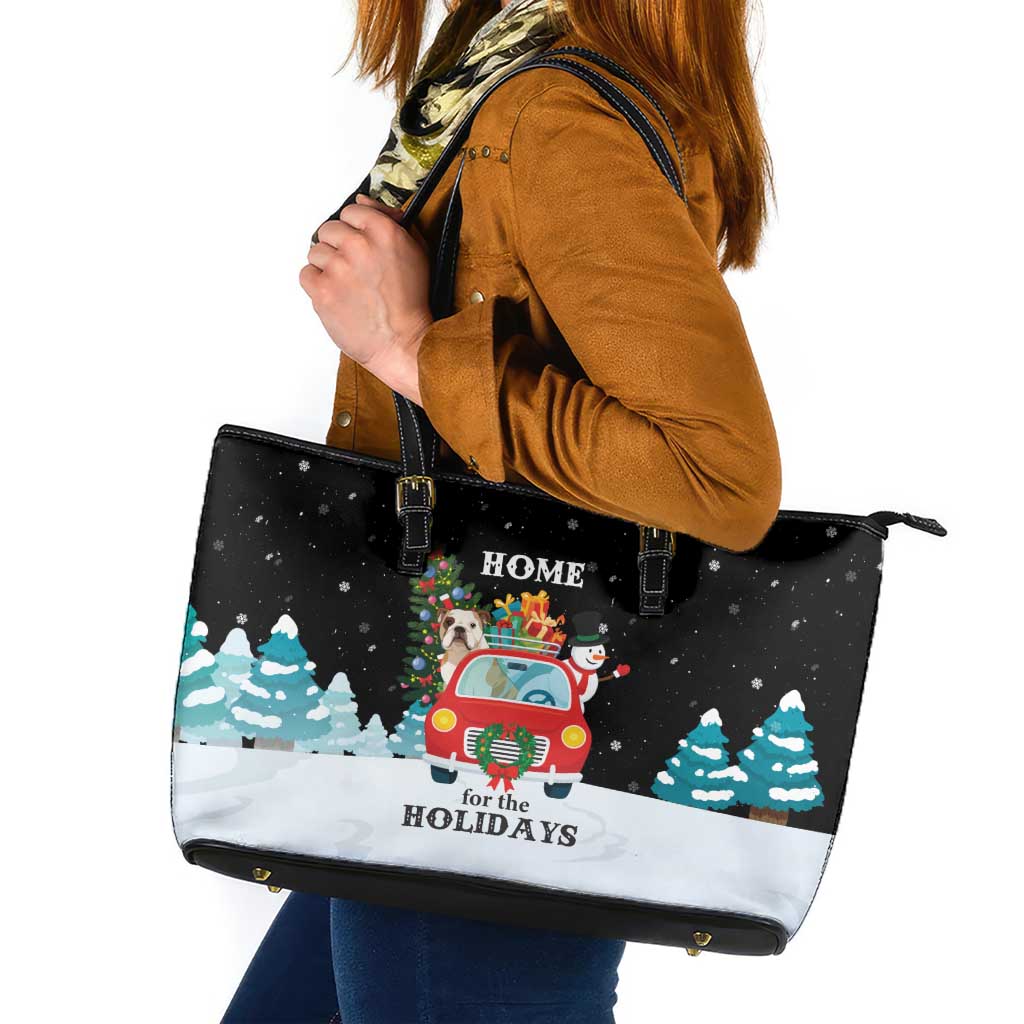 Merry Christmas Bulldog And Snowman Leather Tote Bag Dog Snowman Christmas Tree and Red Car Winter Scene - Wonder Print Shop