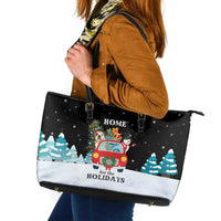 Merry Christmas Bulldog And Snowman Leather Tote Bag Dog Snowman Christmas Tree and Red Car Winter Scene - Wonder Print Shop