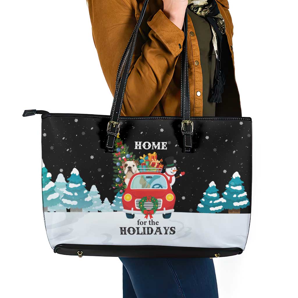 Merry Christmas Bulldog And Snowman Leather Tote Bag Dog Snowman Christmas Tree and Red Car Winter Scene - Wonder Print Shop