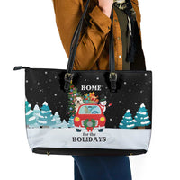 Merry Christmas Bulldog And Snowman Leather Tote Bag Dog Snowman Christmas Tree and Red Car Winter Scene - Wonder Print Shop
