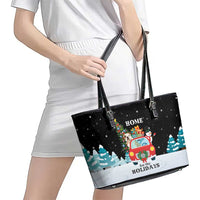 Merry Christmas Bulldog And Snowman Leather Tote Bag Dog Snowman Christmas Tree and Red Car Winter Scene - Wonder Print Shop