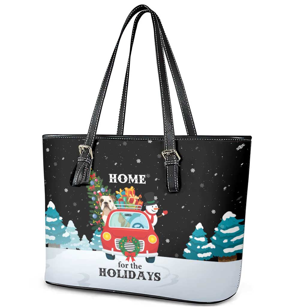 Merry Christmas Bulldog And Snowman Leather Tote Bag Dog Snowman Christmas Tree and Red Car Winter Scene - Wonder Print Shop