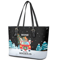 Merry Christmas Bulldog And Snowman Leather Tote Bag Dog Snowman Christmas Tree and Red Car Winter Scene - Wonder Print Shop