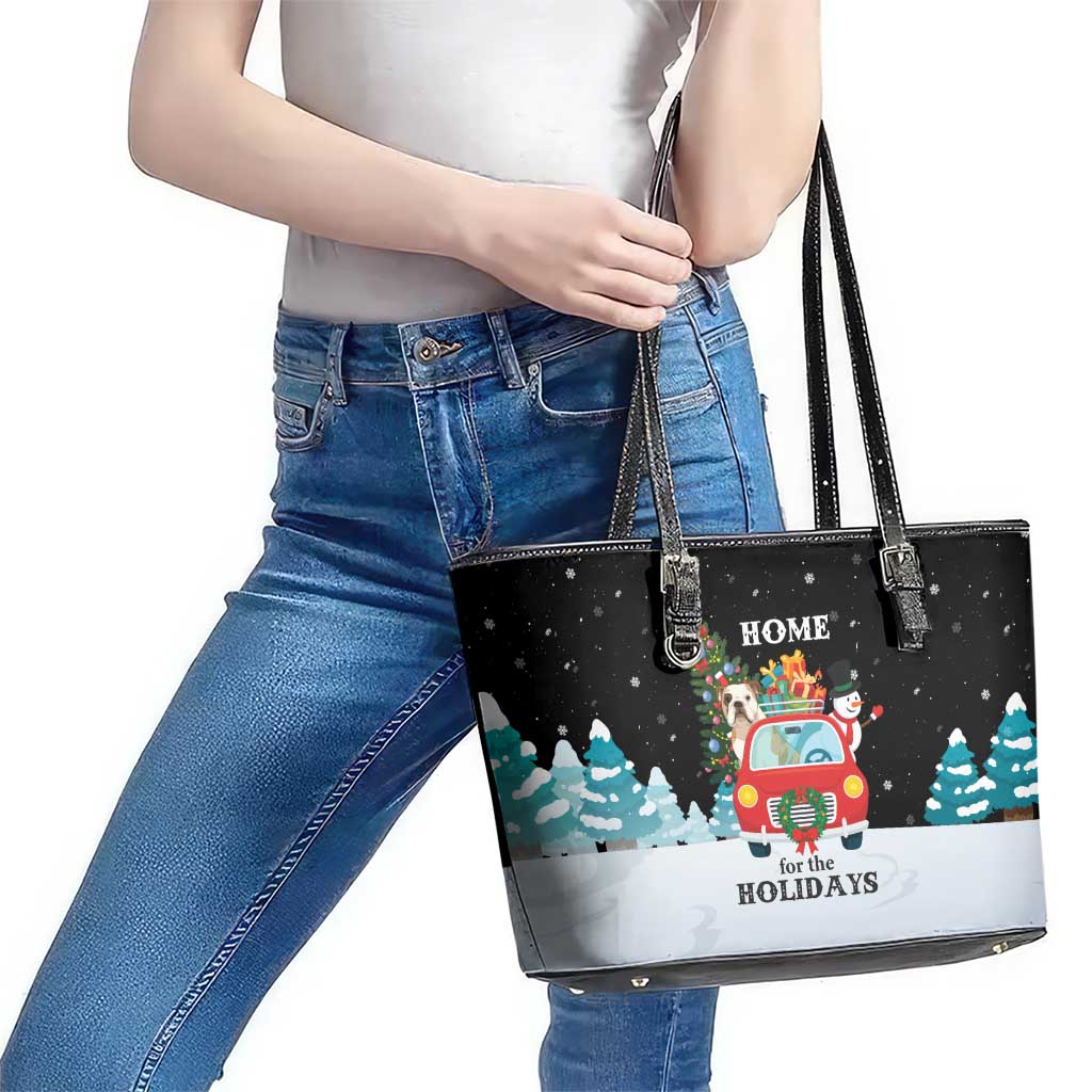 Merry Christmas Bulldog And Snowman Leather Tote Bag Dog Snowman Christmas Tree and Red Car Winter Scene - Wonder Print Shop