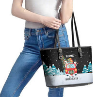 Merry Christmas Bulldog And Snowman Leather Tote Bag Dog Snowman Christmas Tree and Red Car Winter Scene - Wonder Print Shop