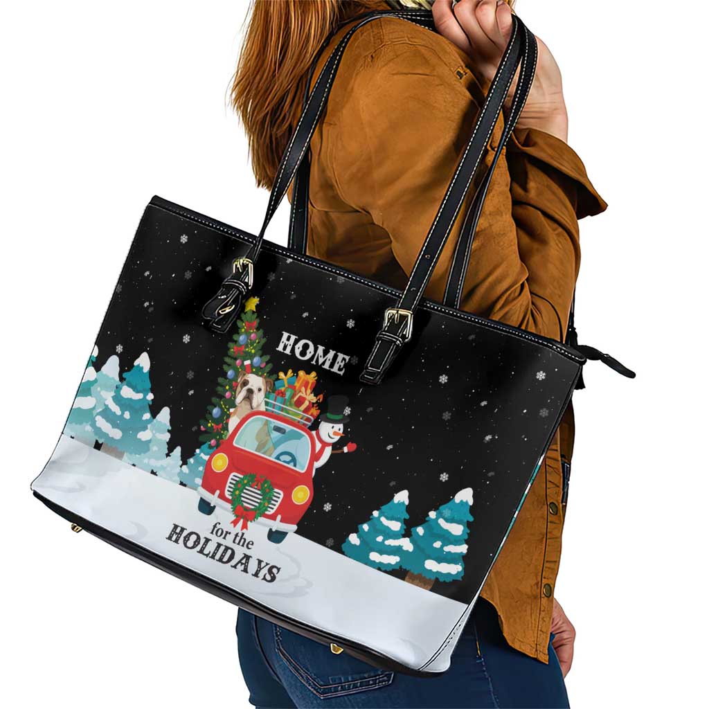 Merry Christmas Bulldog And Snowman Leather Tote Bag Dog Snowman Christmas Tree and Red Car Winter Scene - Wonder Print Shop