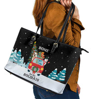 Merry Christmas Bulldog And Snowman Leather Tote Bag Dog Snowman Christmas Tree and Red Car Winter Scene - Wonder Print Shop