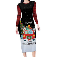Merry Christmas Bulldog And Snowman Long Sleeve Bodycon Dress Dog Snowman Christmas Tree and Red Car Winter Scene - Wonder Print Shop