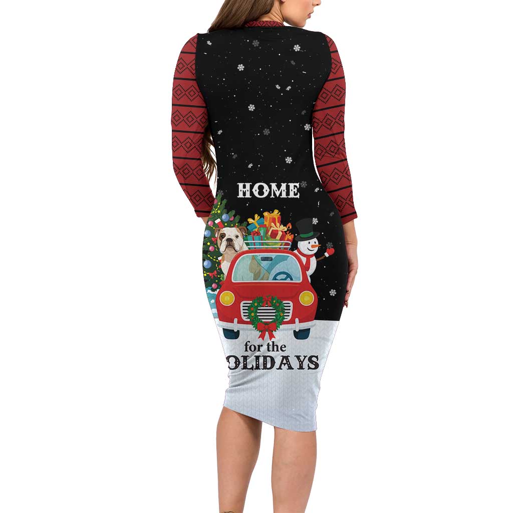 Merry Christmas Bulldog And Snowman Long Sleeve Bodycon Dress Dog Snowman Christmas Tree and Red Car Winter Scene - Wonder Print Shop