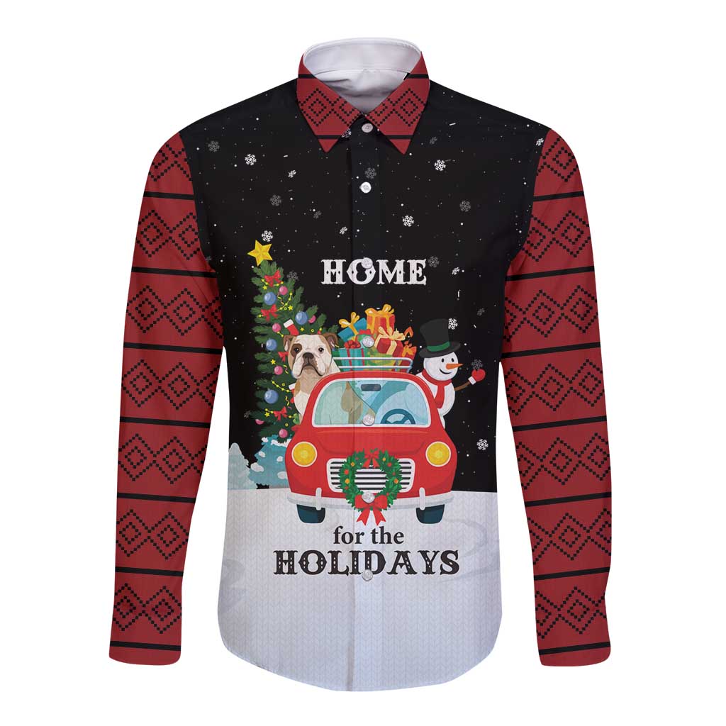 Merry Christmas Bulldog And Snowman Long Sleeve Button Shirt Dog Snowman Christmas Tree and Red Car Winter Scene - Wonder Print Shop