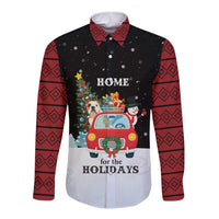 Merry Christmas Bulldog And Snowman Long Sleeve Button Shirt Dog Snowman Christmas Tree and Red Car Winter Scene - Wonder Print Shop