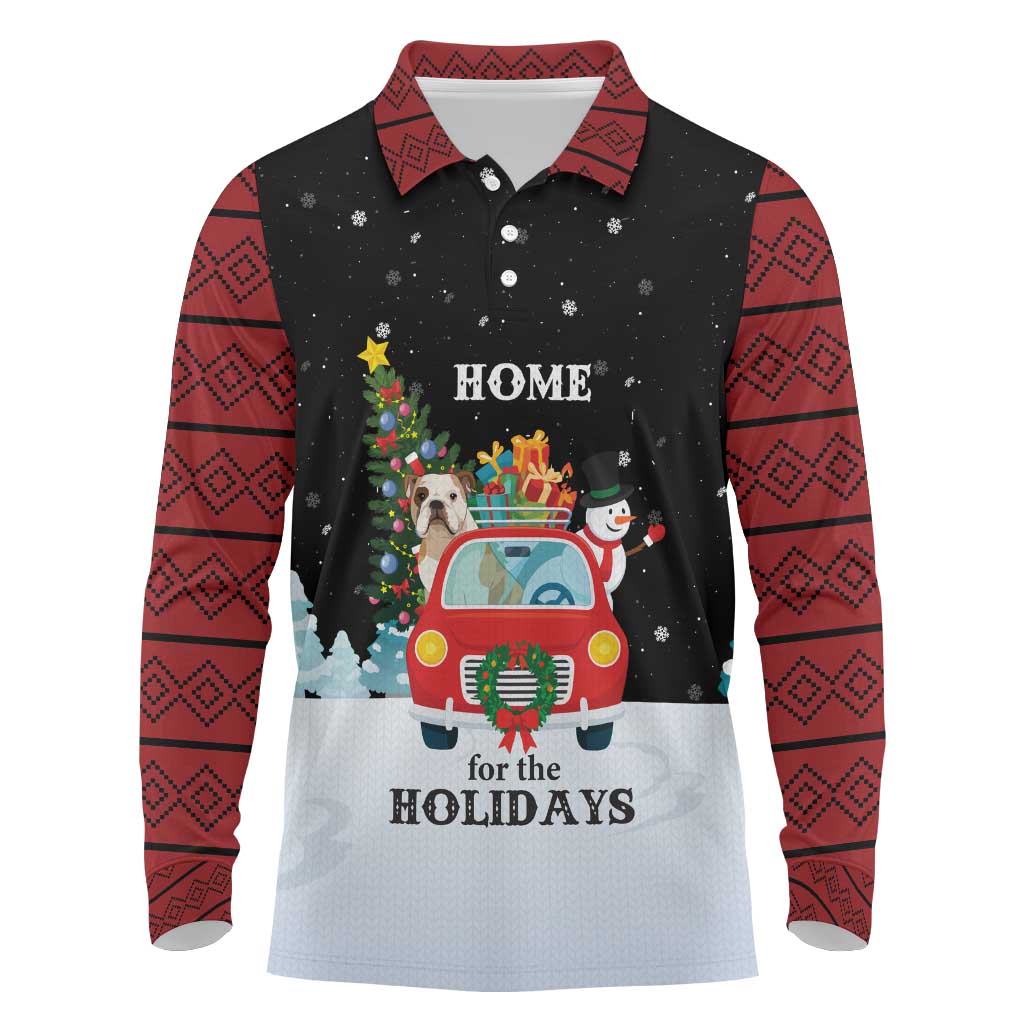 Merry Christmas Bulldog And Snowman Long Sleeve Polo Shirt Dog Snowman Christmas Tree and Red Car Winter Scene - Wonder Print Shop
