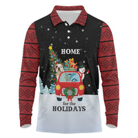Merry Christmas Bulldog And Snowman Long Sleeve Polo Shirt Dog Snowman Christmas Tree and Red Car Winter Scene - Wonder Print Shop