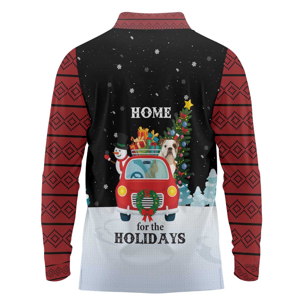 Merry Christmas Bulldog And Snowman Long Sleeve Polo Shirt Dog Snowman Christmas Tree and Red Car Winter Scene - Wonder Print Shop