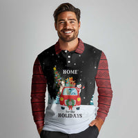 Merry Christmas Bulldog And Snowman Long Sleeve Polo Shirt Dog Snowman Christmas Tree and Red Car Winter Scene - Wonder Print Shop