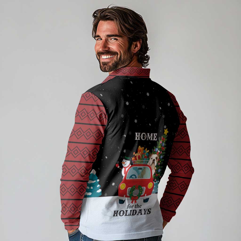Merry Christmas Bulldog And Snowman Long Sleeve Polo Shirt Dog Snowman Christmas Tree and Red Car Winter Scene - Wonder Print Shop