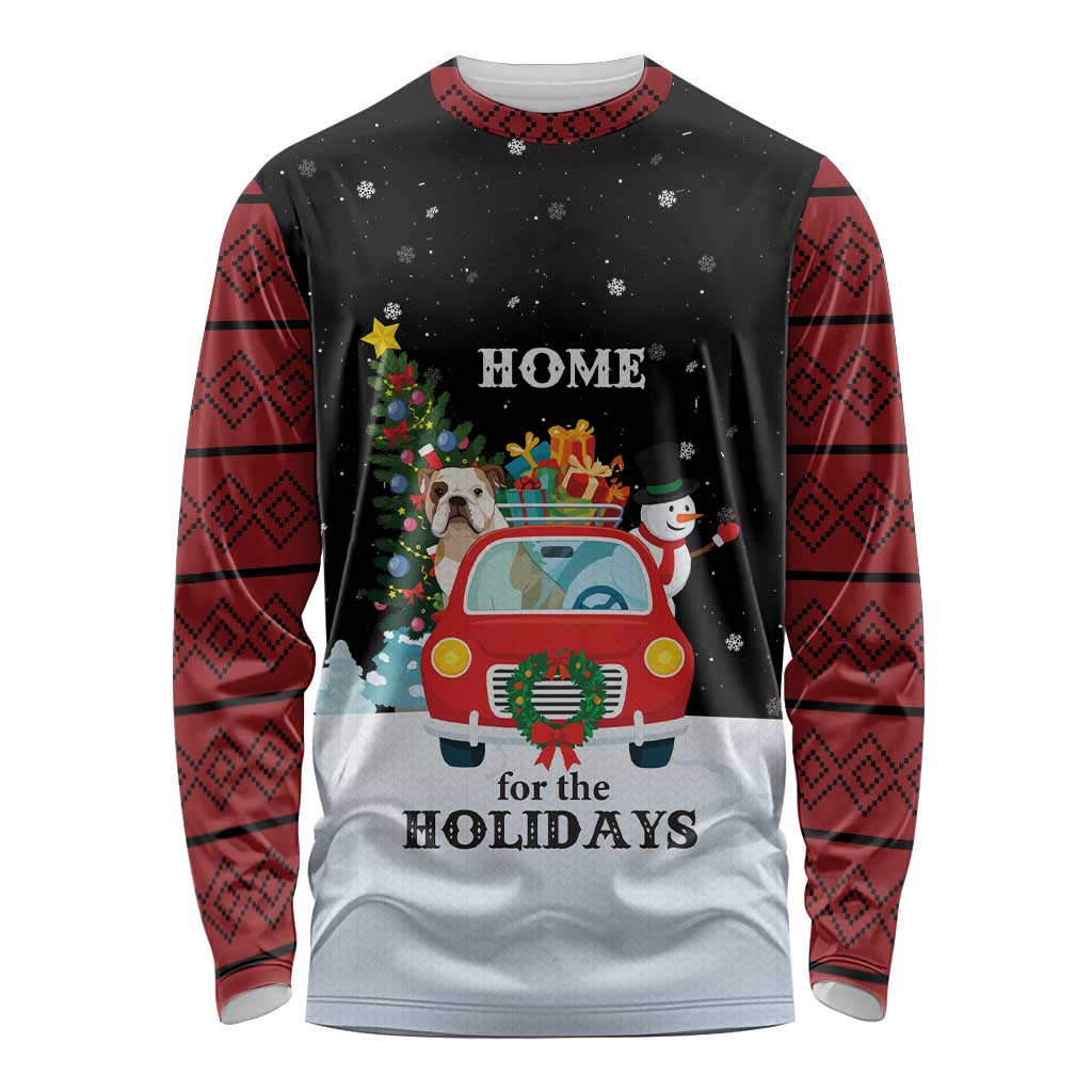 Merry Christmas Bulldog And Snowman Long Sleeve Shirt Dog Snowman Christmas Tree and Red Car Winter Scene - Wonder Print Shop