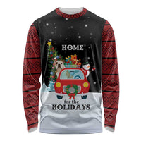 Merry Christmas Bulldog And Snowman Long Sleeve Shirt Dog Snowman Christmas Tree and Red Car Winter Scene - Wonder Print Shop