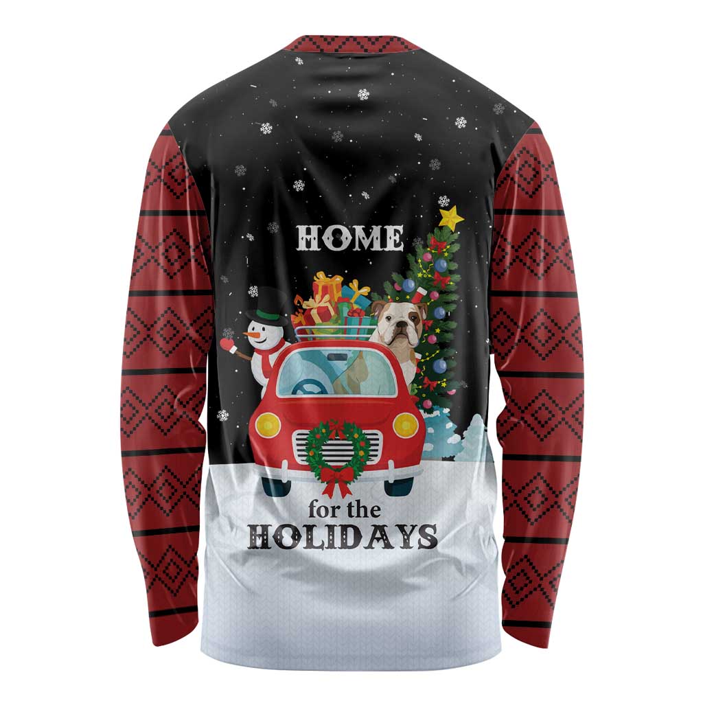 Merry Christmas Bulldog And Snowman Long Sleeve Shirt Dog Snowman Christmas Tree and Red Car Winter Scene - Wonder Print Shop