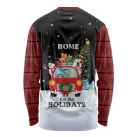 Merry Christmas Bulldog And Snowman Long Sleeve Shirt Dog Snowman Christmas Tree and Red Car Winter Scene - Wonder Print Shop