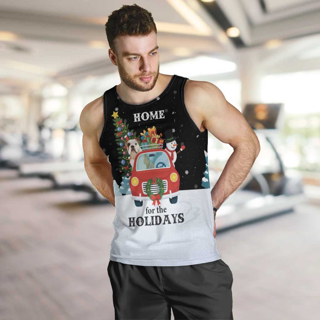 Merry Christmas Bulldog And Snowman Men Tank Top Dog Snowman Christmas Tree and Red Car Winter Scene - Wonder Print Shop
