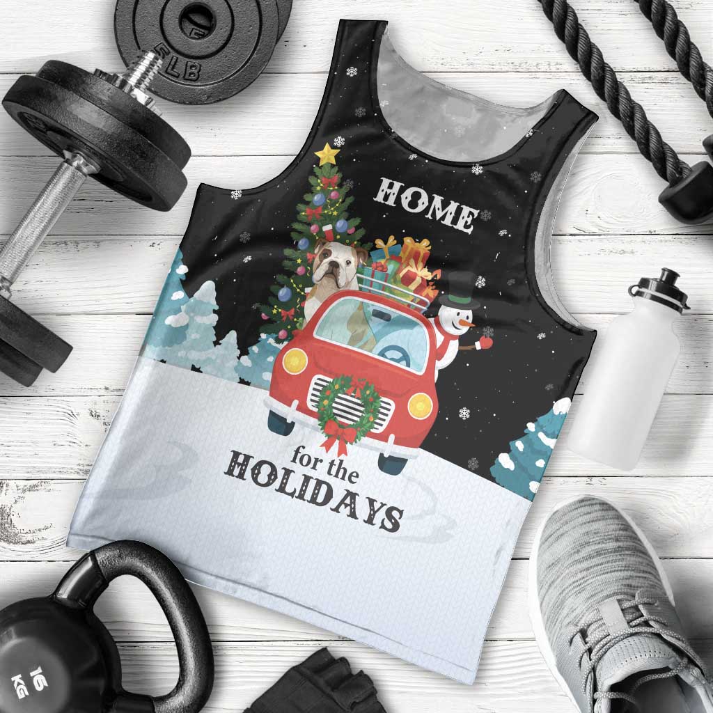 Merry Christmas Bulldog And Snowman Men Tank Top Dog Snowman Christmas Tree and Red Car Winter Scene - Wonder Print Shop