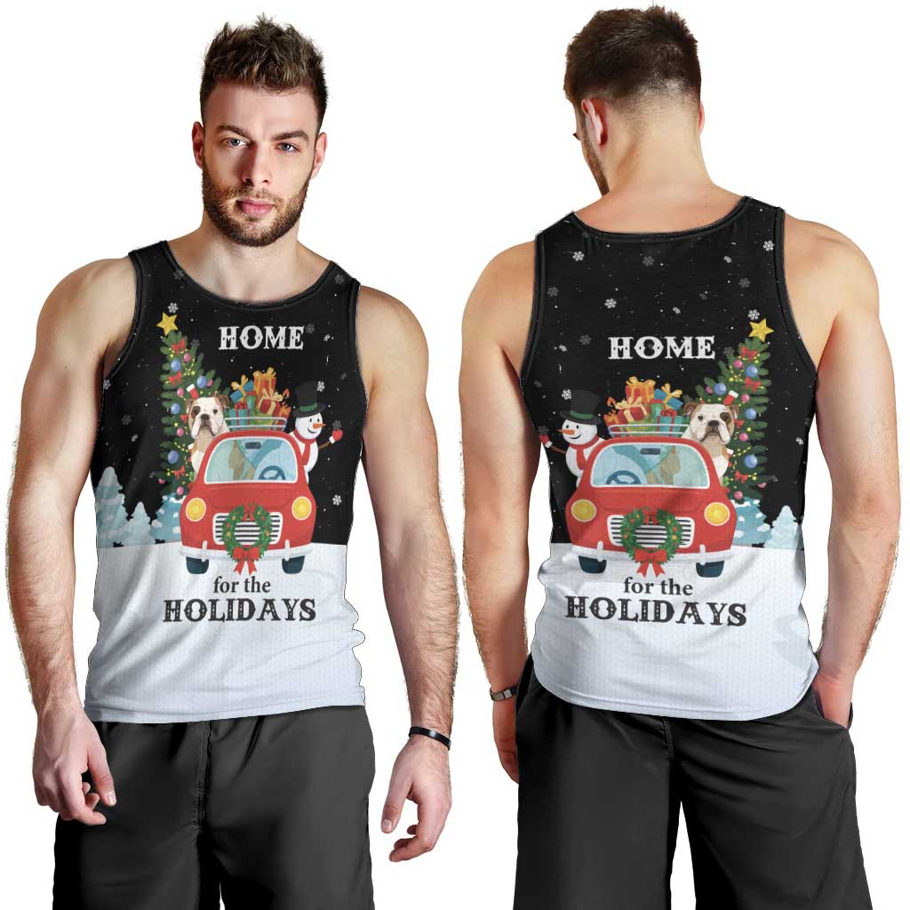 Merry Christmas Bulldog And Snowman Men Tank Top Dog Snowman Christmas Tree and Red Car Winter Scene - Wonder Print Shop