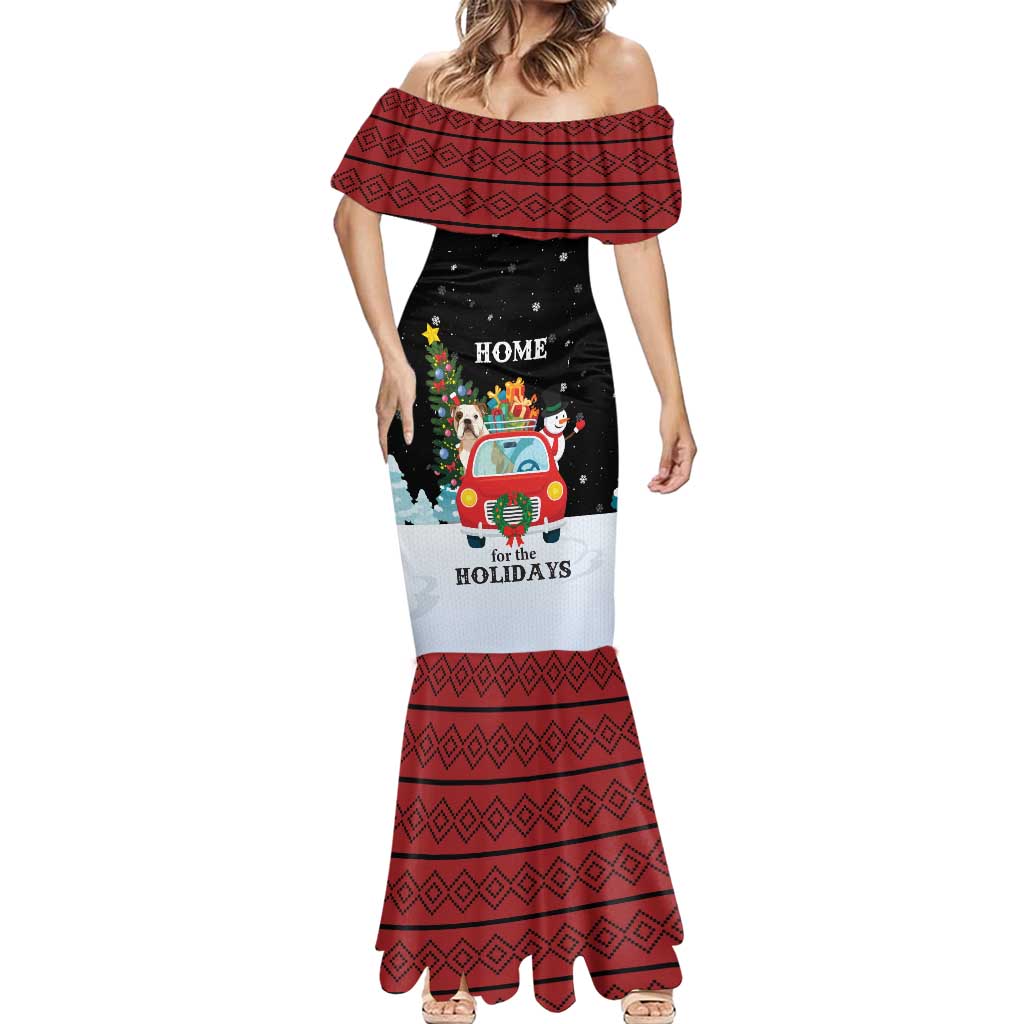 Merry Christmas Bulldog And Snowman Mermaid Dress Dog Snowman Christmas Tree and Red Car Winter Scene - Wonder Print Shop