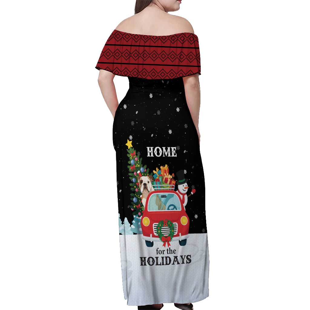 Merry Christmas Bulldog And Snowman Off Shoulder Maxi Dress Dog Snowman Christmas Tree and Red Car Winter Scene - Wonder Print Shop