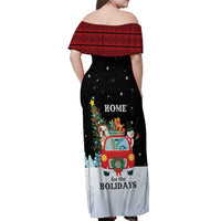 Merry Christmas Bulldog And Snowman Off Shoulder Maxi Dress Dog Snowman Christmas Tree and Red Car Winter Scene - Wonder Print Shop