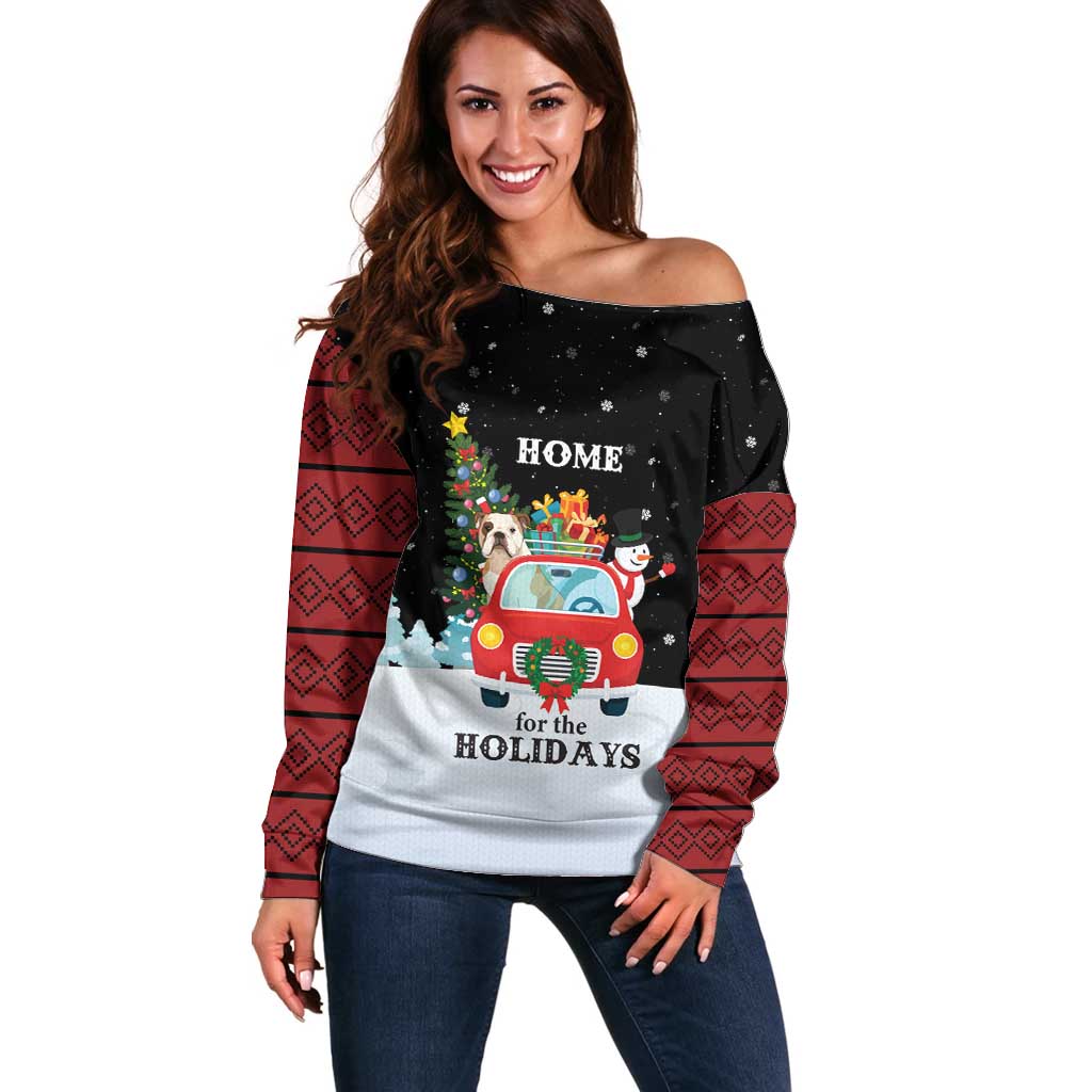 Merry Christmas Bulldog And Snowman Off Shoulder Sweater Dog Snowman Christmas Tree and Red Car Winter Scene - Wonder Print Shop