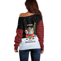 Merry Christmas Bulldog And Snowman Off Shoulder Sweater Dog Snowman Christmas Tree and Red Car Winter Scene - Wonder Print Shop