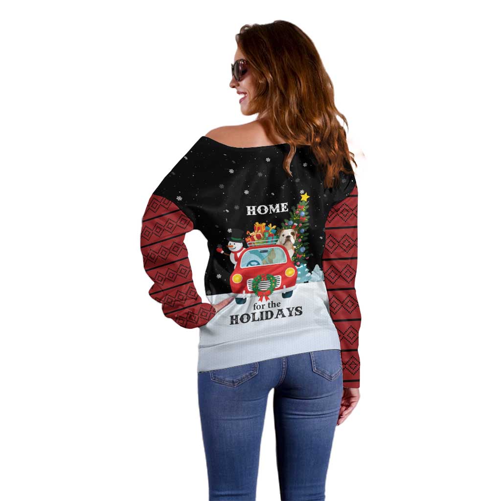 Merry Christmas Bulldog And Snowman Off Shoulder Sweater Dog Snowman Christmas Tree and Red Car Winter Scene - Wonder Print Shop