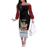 Merry Christmas Bulldog And Snowman Off The Shoulder Long Sleeve Dress Dog Snowman Christmas Tree and Red Car Winter Scene - Wonder Print Shop