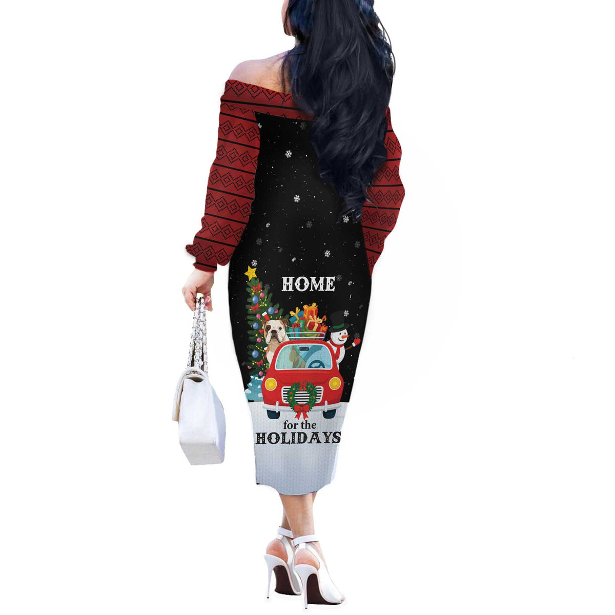 Merry Christmas Bulldog And Snowman Off The Shoulder Long Sleeve Dress Dog Snowman Christmas Tree and Red Car Winter Scene - Wonder Print Shop