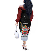 Merry Christmas Bulldog And Snowman Off The Shoulder Long Sleeve Dress Dog Snowman Christmas Tree and Red Car Winter Scene - Wonder Print Shop