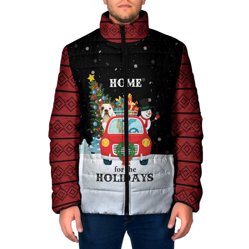 Merry Christmas Bulldog And Snowman Padded Jacket Dog Snowman Christmas Tree and Red Car Winter Scene - Wonder Print Shop