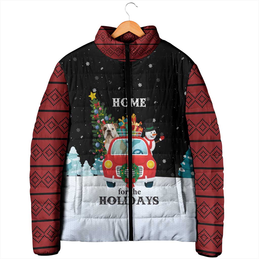 Merry Christmas Bulldog And Snowman Padded Jacket Dog Snowman Christmas Tree and Red Car Winter Scene - Wonder Print Shop