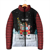 Merry Christmas Bulldog And Snowman Padded Jacket Dog Snowman Christmas Tree and Red Car Winter Scene - Wonder Print Shop