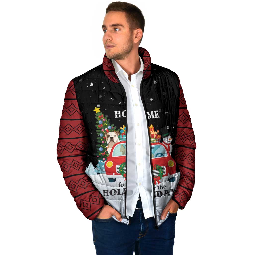 Merry Christmas Bulldog And Snowman Padded Jacket Dog Snowman Christmas Tree and Red Car Winter Scene - Wonder Print Shop
