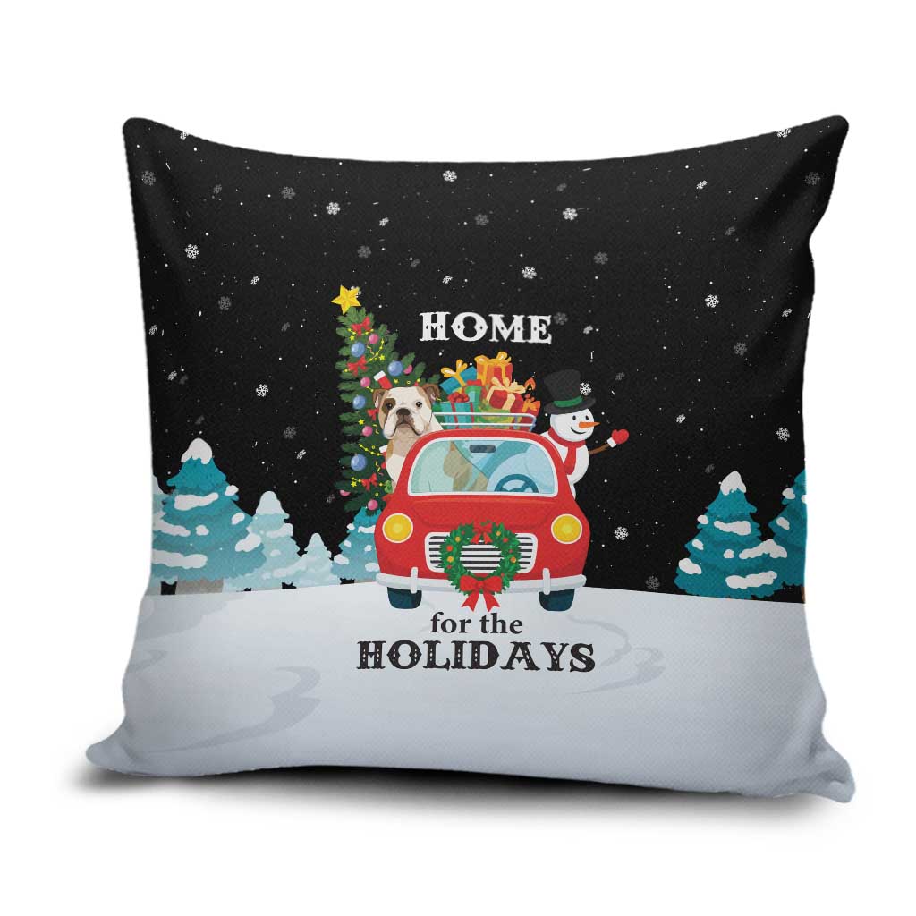 Merry Christmas Bulldog And Snowman Pillow Cover Dog Snowman Christmas Tree and Red Car Winter Scene - Wonder Print Shop