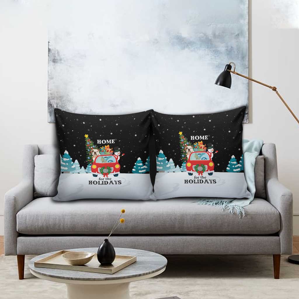 Merry Christmas Bulldog And Snowman Pillow Cover Dog Snowman Christmas Tree and Red Car Winter Scene - Wonder Print Shop