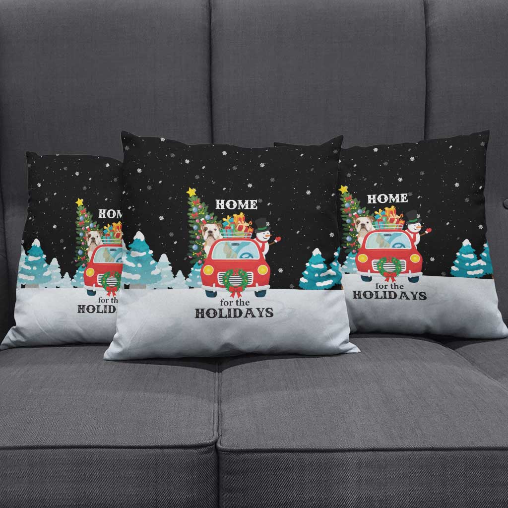 Merry Christmas Bulldog And Snowman Pillow Cover Dog Snowman Christmas Tree and Red Car Winter Scene - Wonder Print Shop