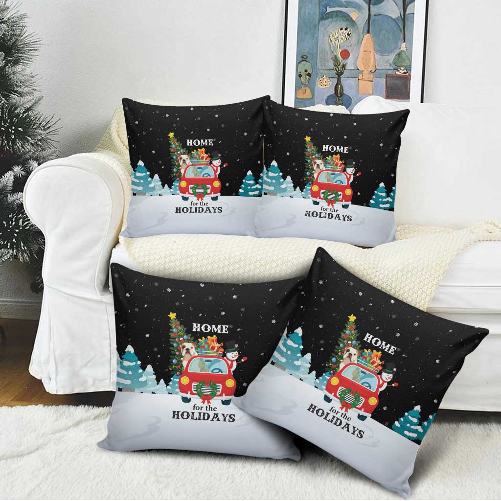 Merry Christmas Bulldog And Snowman Pillow Cover Dog Snowman Christmas Tree and Red Car Winter Scene - Wonder Print Shop