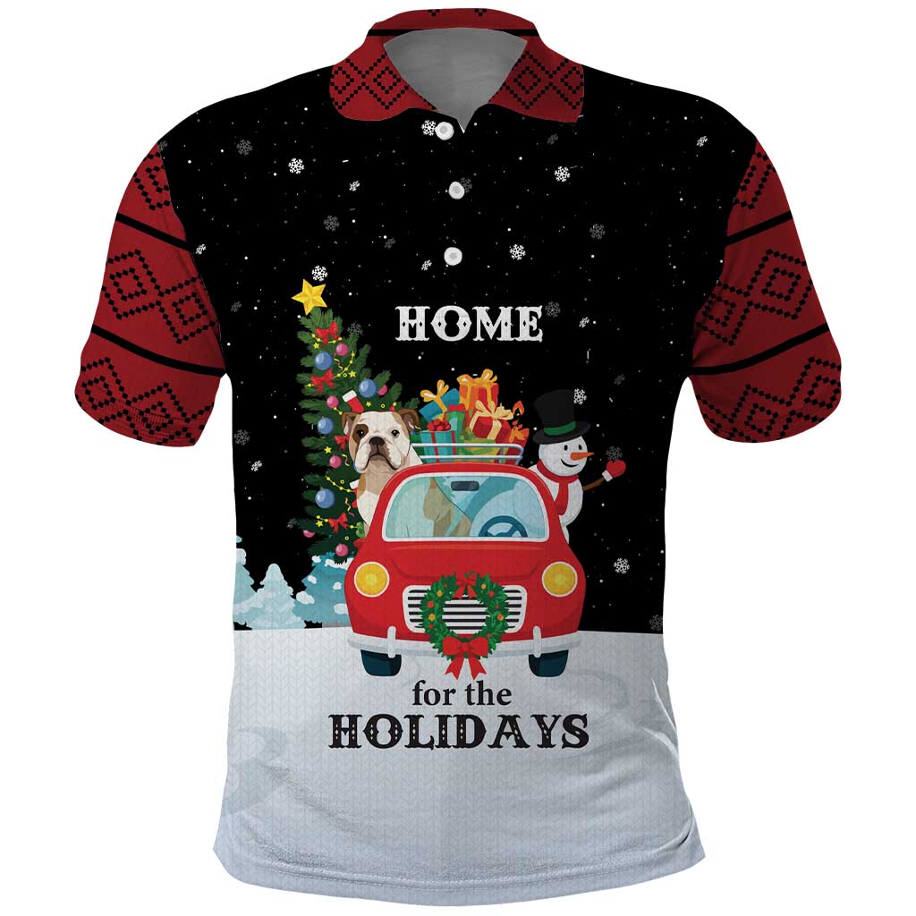 Merry Christmas Bulldog And Snowman Polo Shirt Dog Snowman Christmas Tree and Red Car Winter Scene - Wonder Print Shop