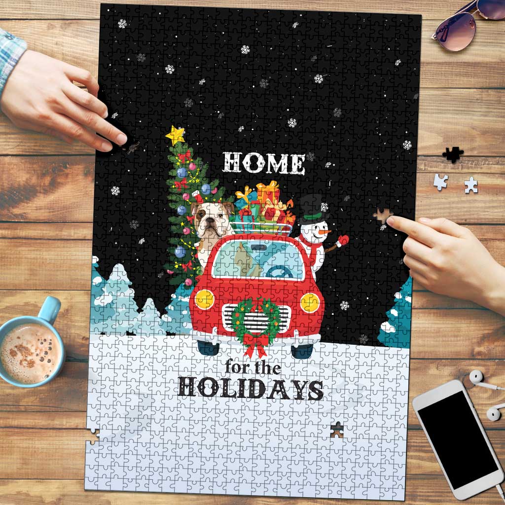 Merry Christmas Bulldog And Snowman Puzzle Dog Snowman Christmas Tree and Red Car Winter Scene - Wonder Print Shop