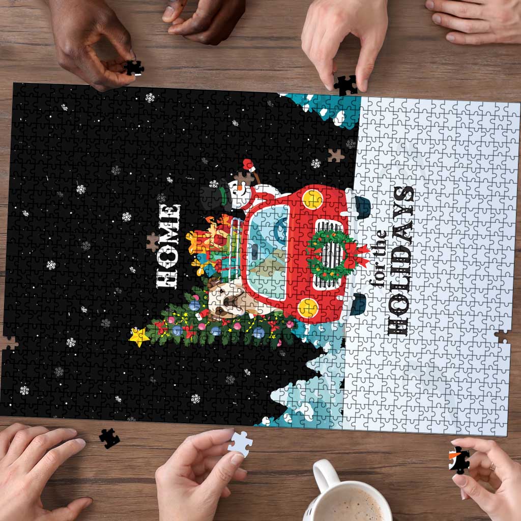 Merry Christmas Bulldog And Snowman Puzzle Dog Snowman Christmas Tree and Red Car Winter Scene - Wonder Print Shop