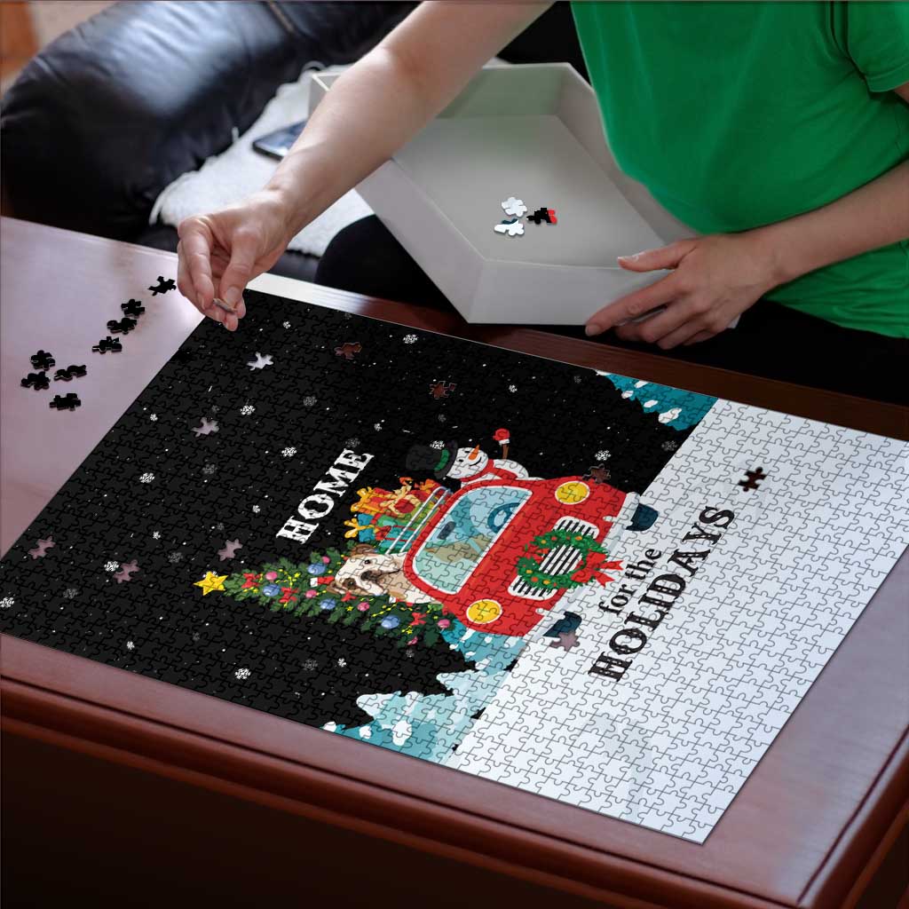 Merry Christmas Bulldog And Snowman Puzzle Dog Snowman Christmas Tree and Red Car Winter Scene - Wonder Print Shop