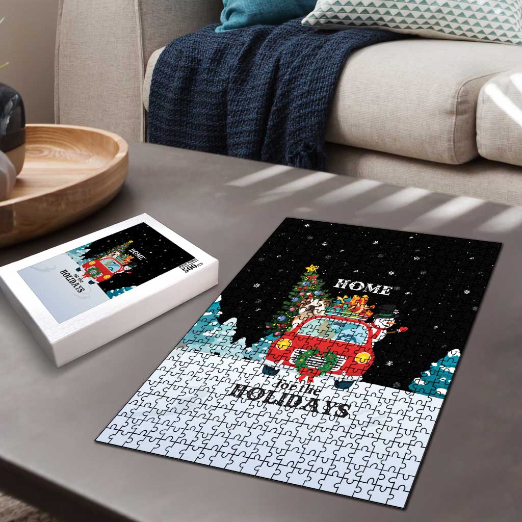 Merry Christmas Bulldog And Snowman Puzzle Dog Snowman Christmas Tree and Red Car Winter Scene - Wonder Print Shop