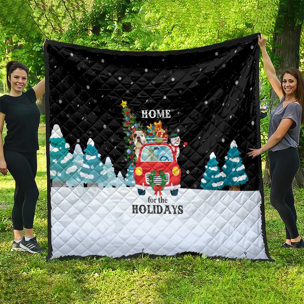 Merry Christmas Bulldog And Snowman Quilt Dog Snowman Christmas Tree and Red Car Winter Scene - Wonder Print Shop